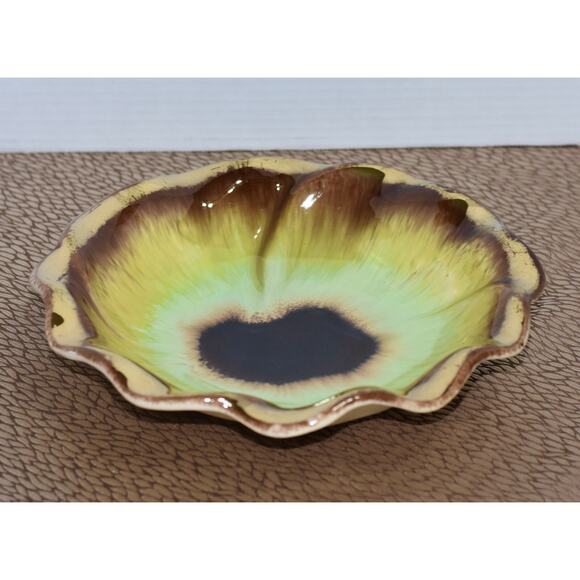 Bay Keramik West German MCM Pansy Flower Yellow Green & Gold Glaze Ceramic Bowl